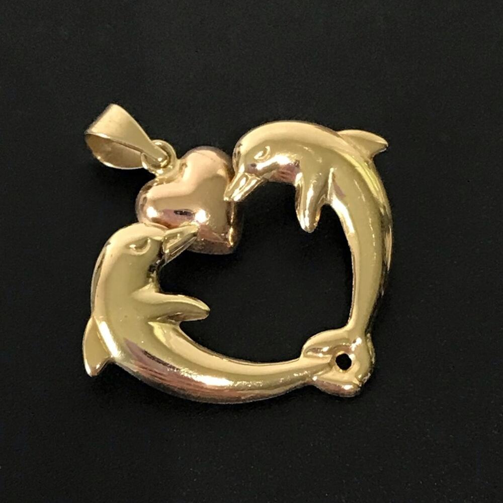 JCM Jacmel 14K Gold Two Dolphin Puffy Heart Rose Yellow Gold Necklace Pendant